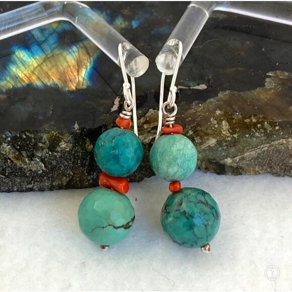 Sterling Silver 925 1.7" Faceted Turquoise Red Coral Beaded Dangle Drop Earrings - Picture 1 of 16
